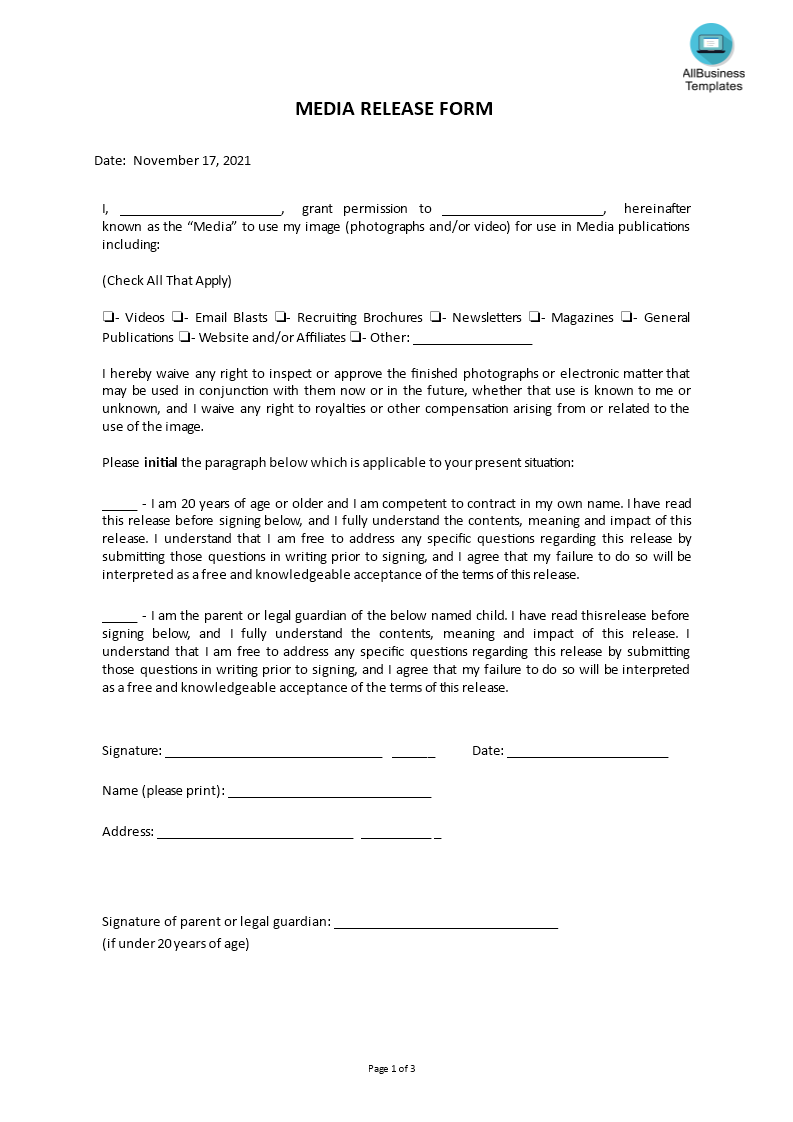 media release form template modèles