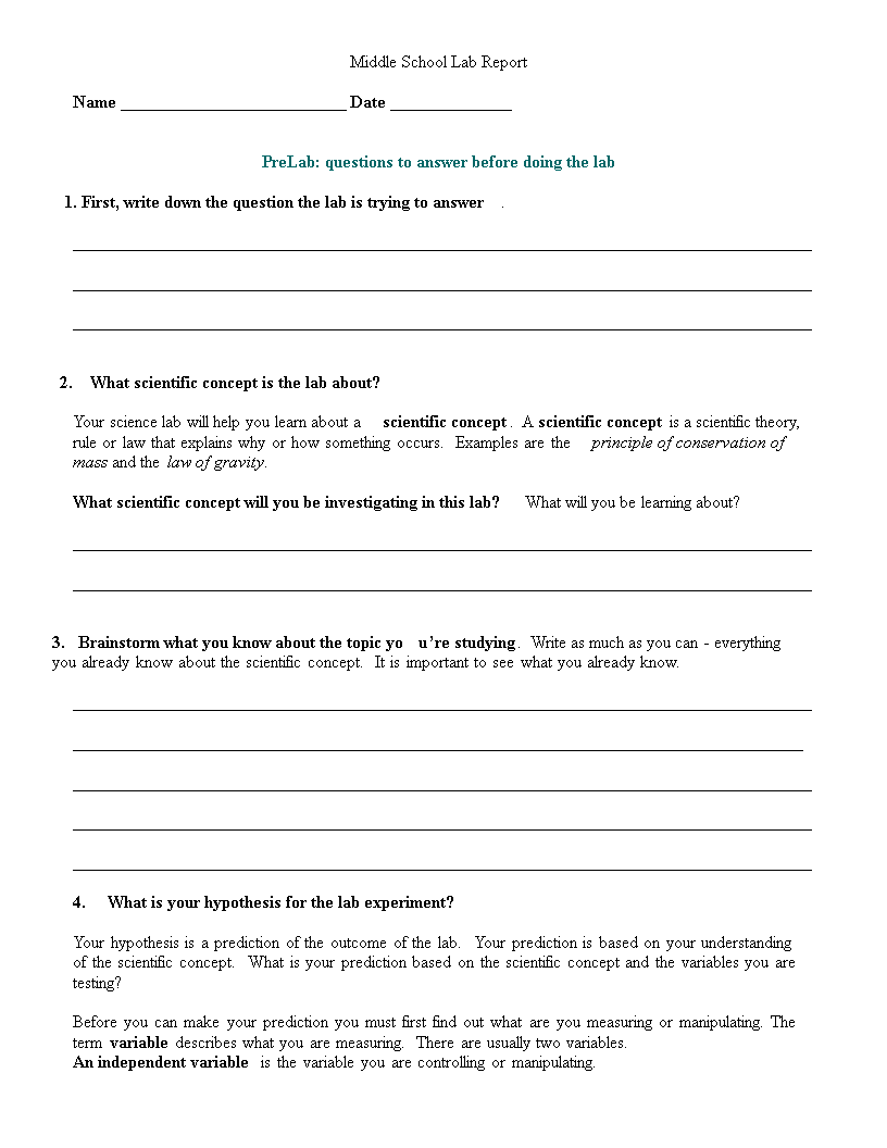 Kostenloses Middle School Lab Report With Lab Report Template Middle School