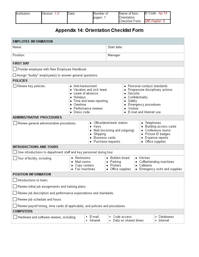 Quality Management Orientation Checklist Form main image
