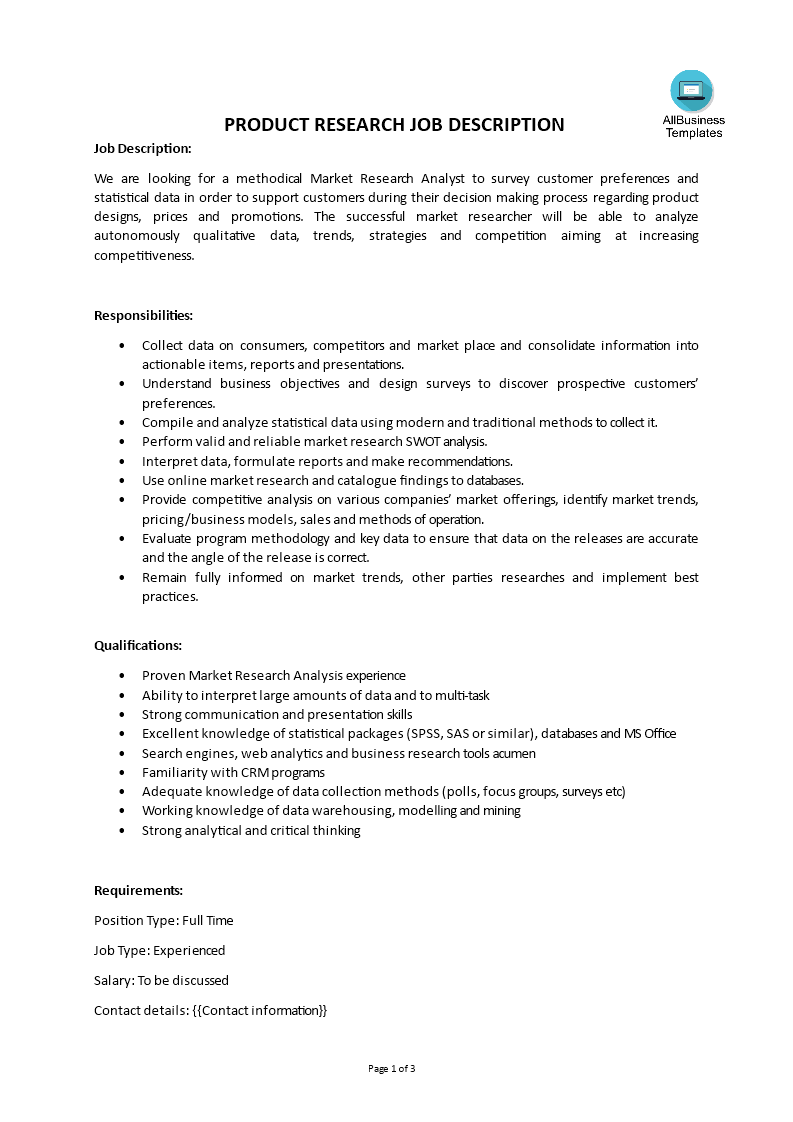 product research job description modèles