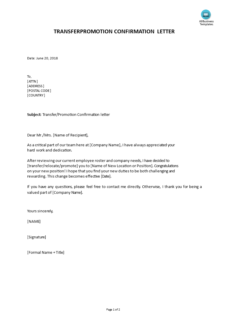 job transfer/promotion letter voorbeeld afbeelding 