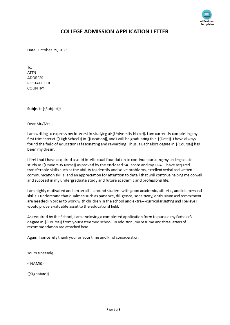 an application letter to university
