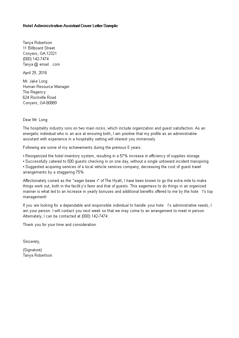 an application letter for a job in a hotel