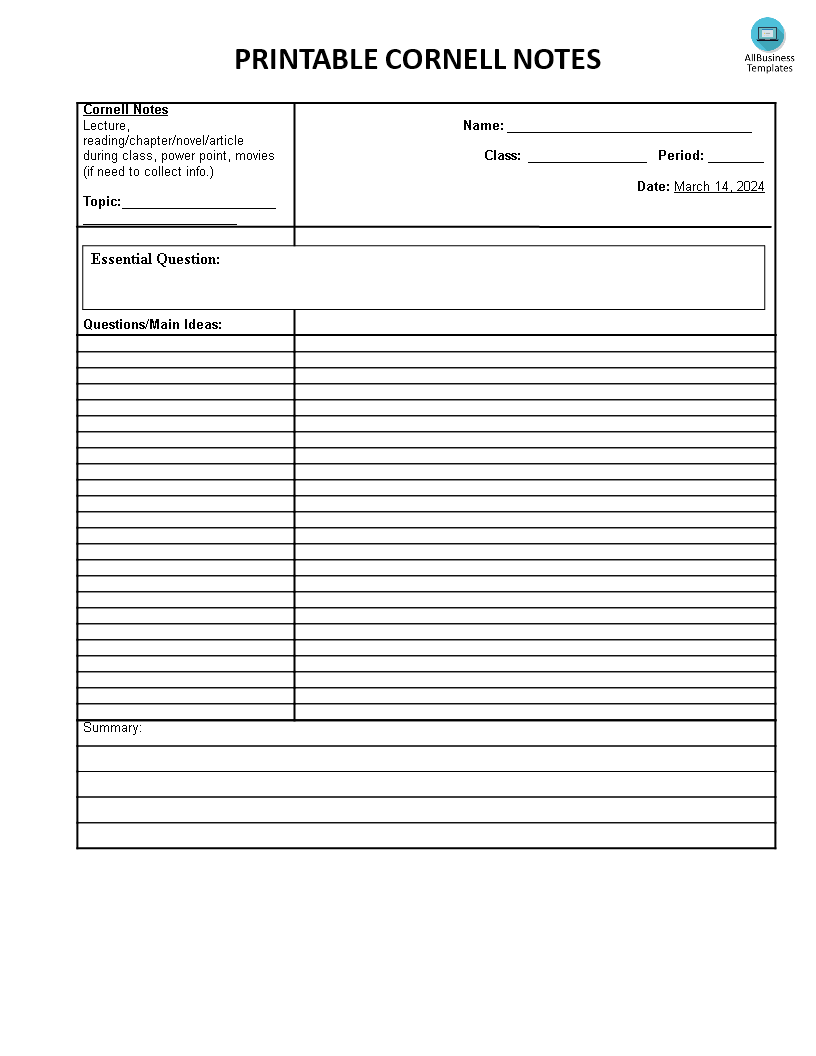 Printable Cornell Notes 模板