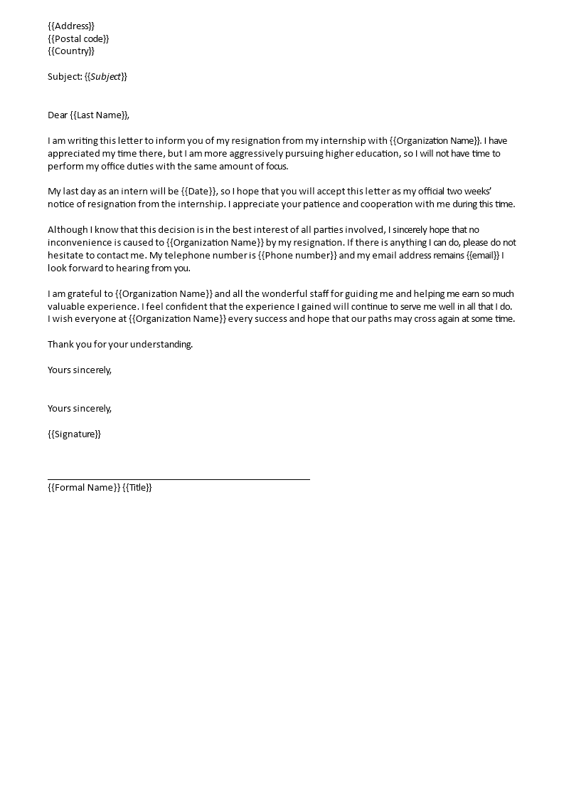 resignation letter after internship template