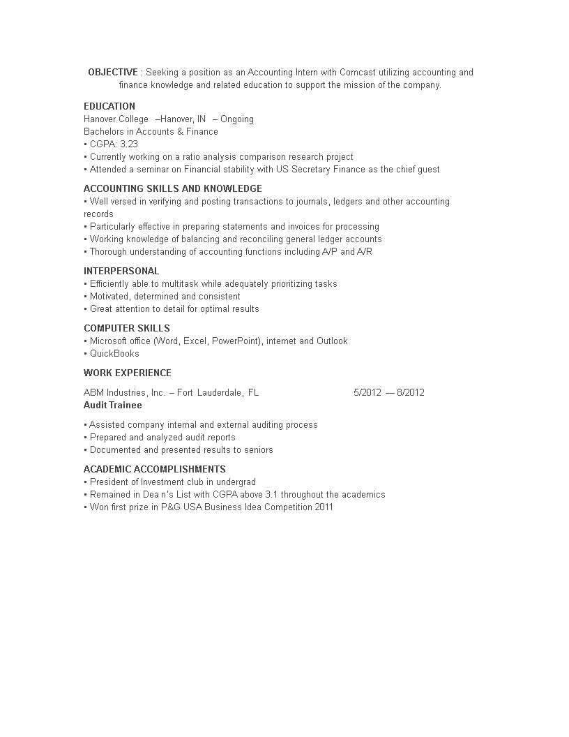 accounting student internship resume template