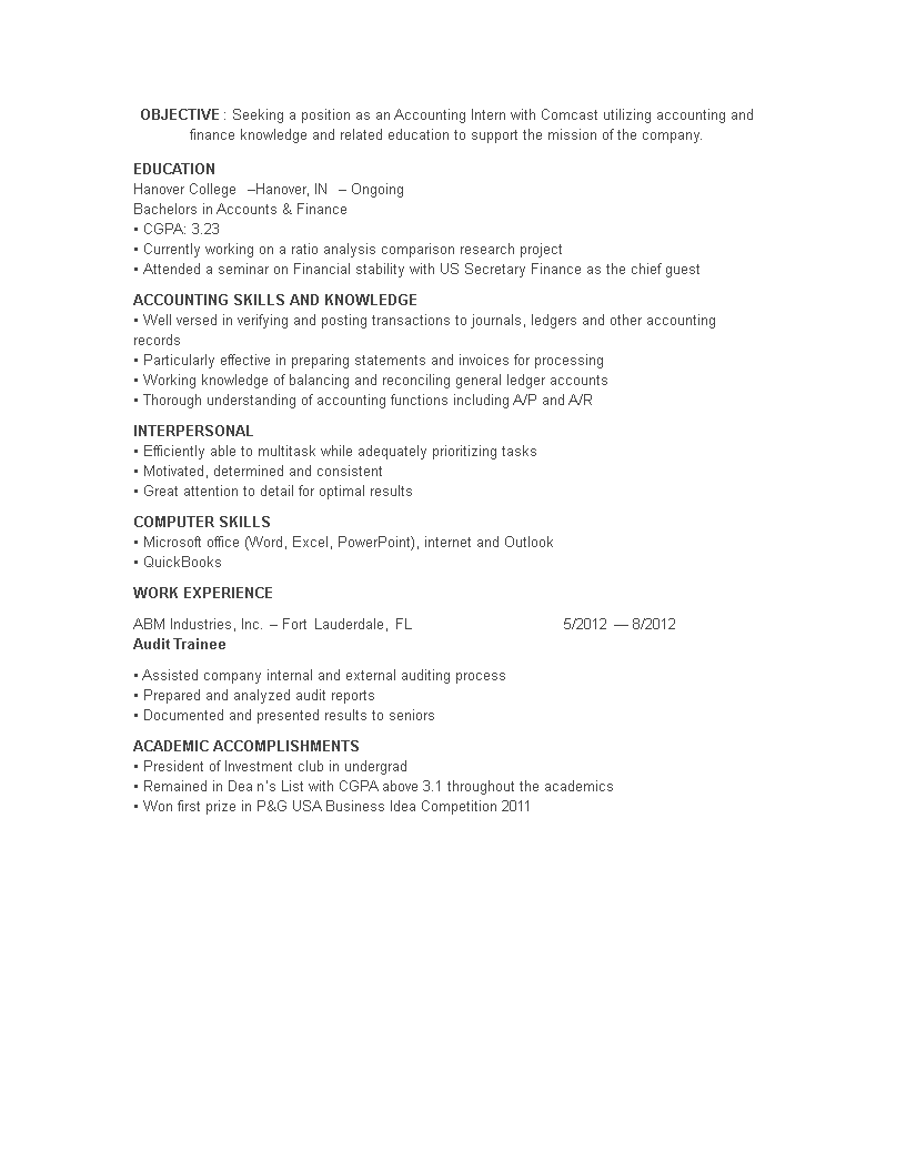 Accounting Student Internship Resume main image