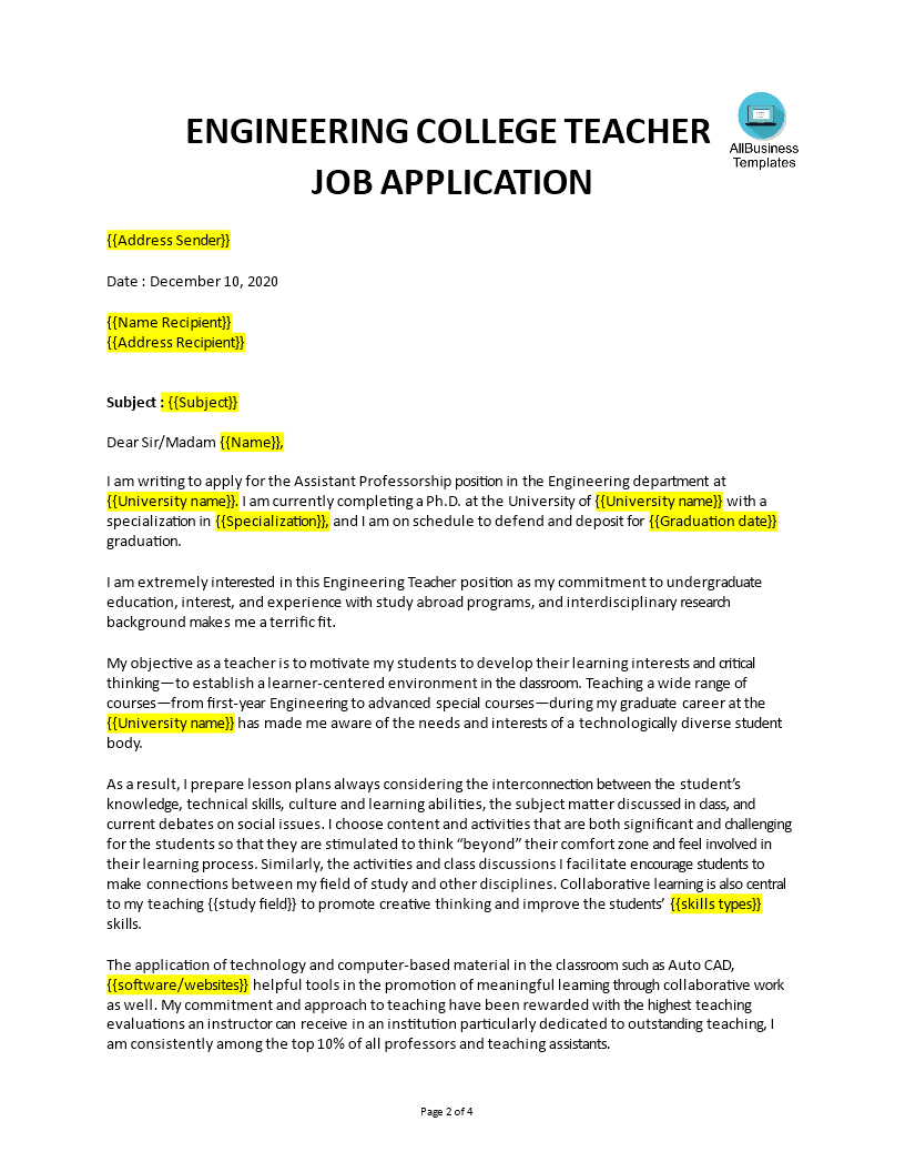 sample for application letter for teaching job