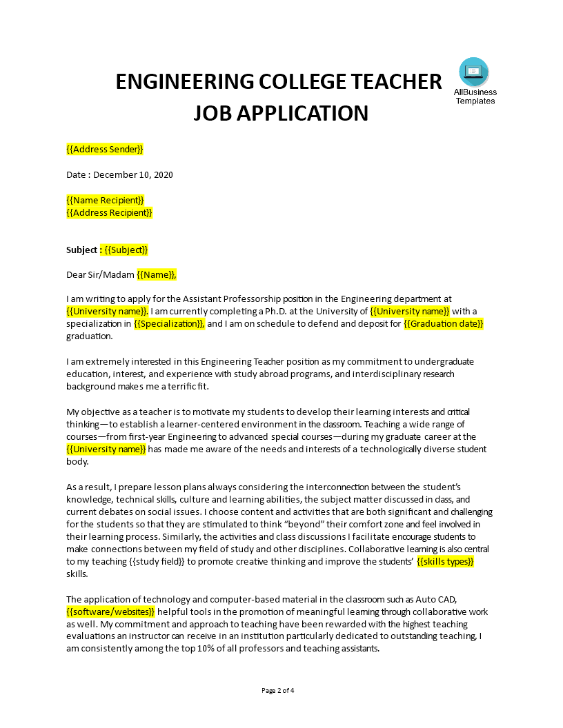 university teacher job application modèles