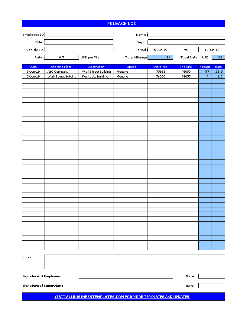 Mileage Log 模板