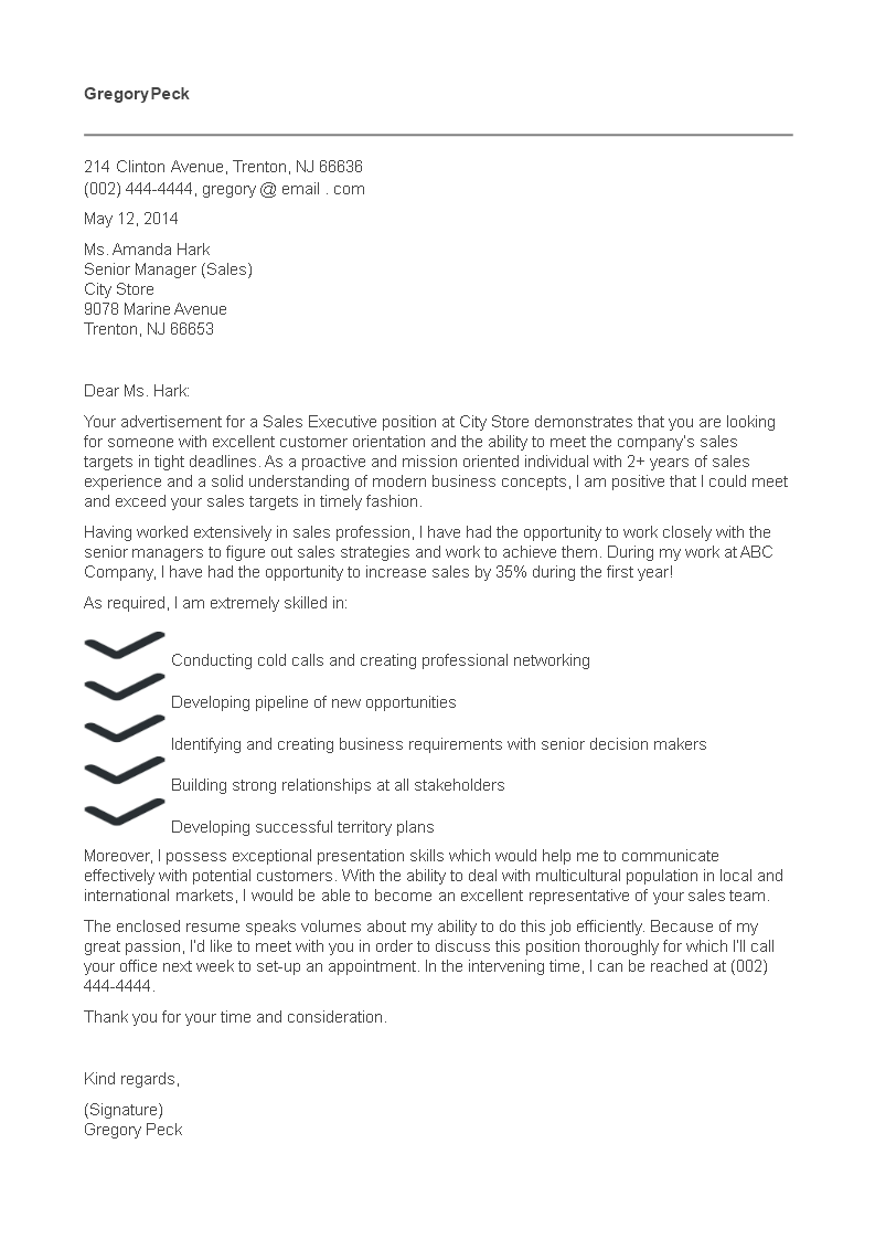 cover letter examples for sales executive position