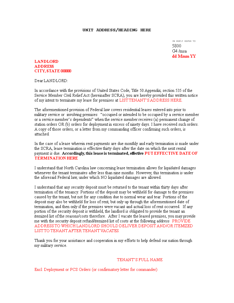 lease termination letter word template