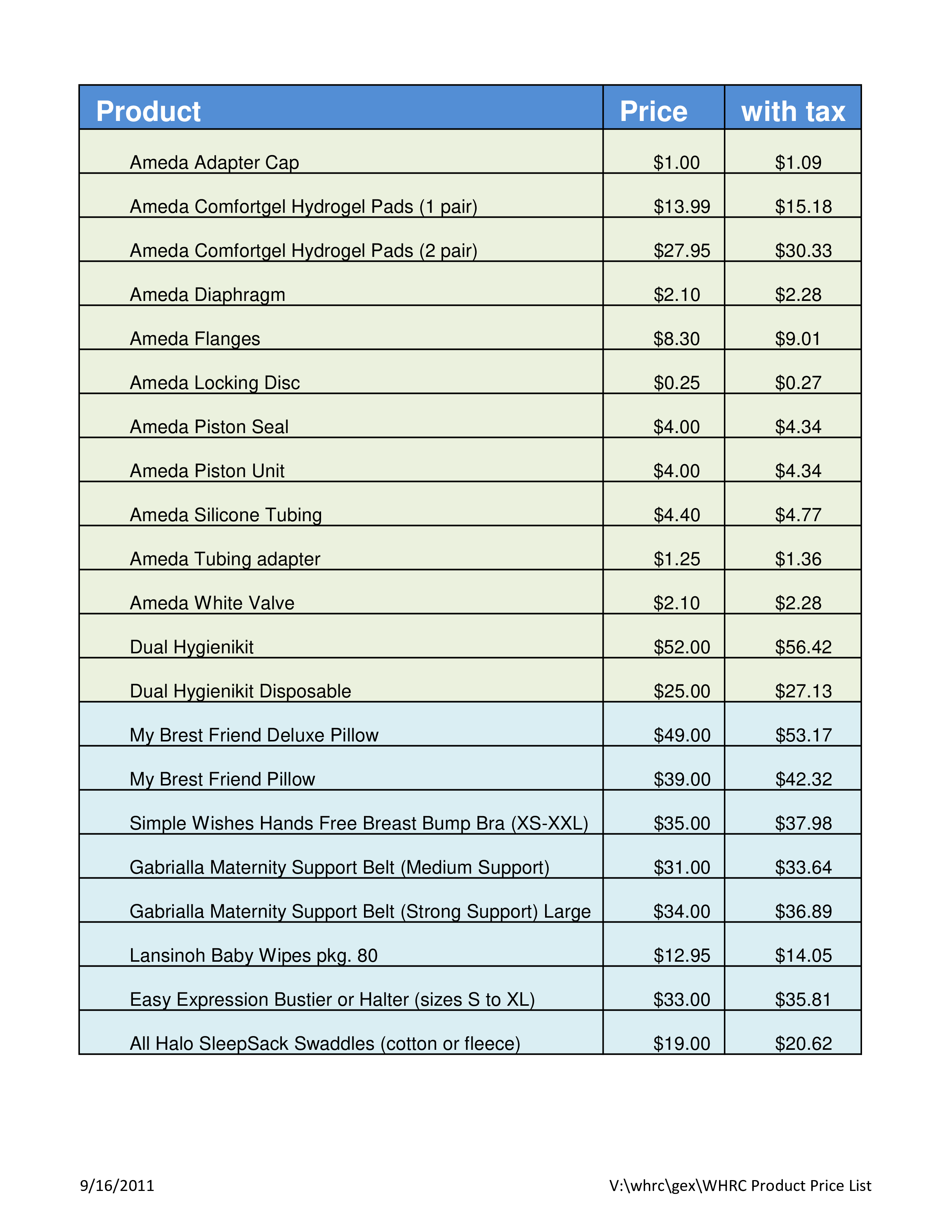 example of product price list Hauptschablonenbild