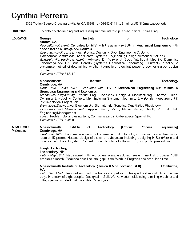 mechanical engineering student resume template