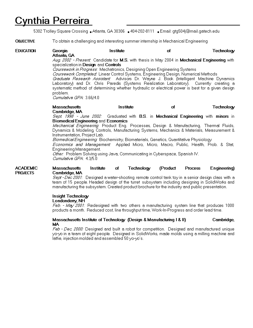 Mechanical Engineering Student Resume 模板