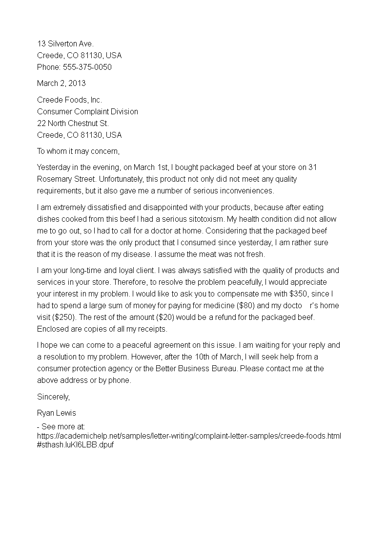 food product complaint letter template