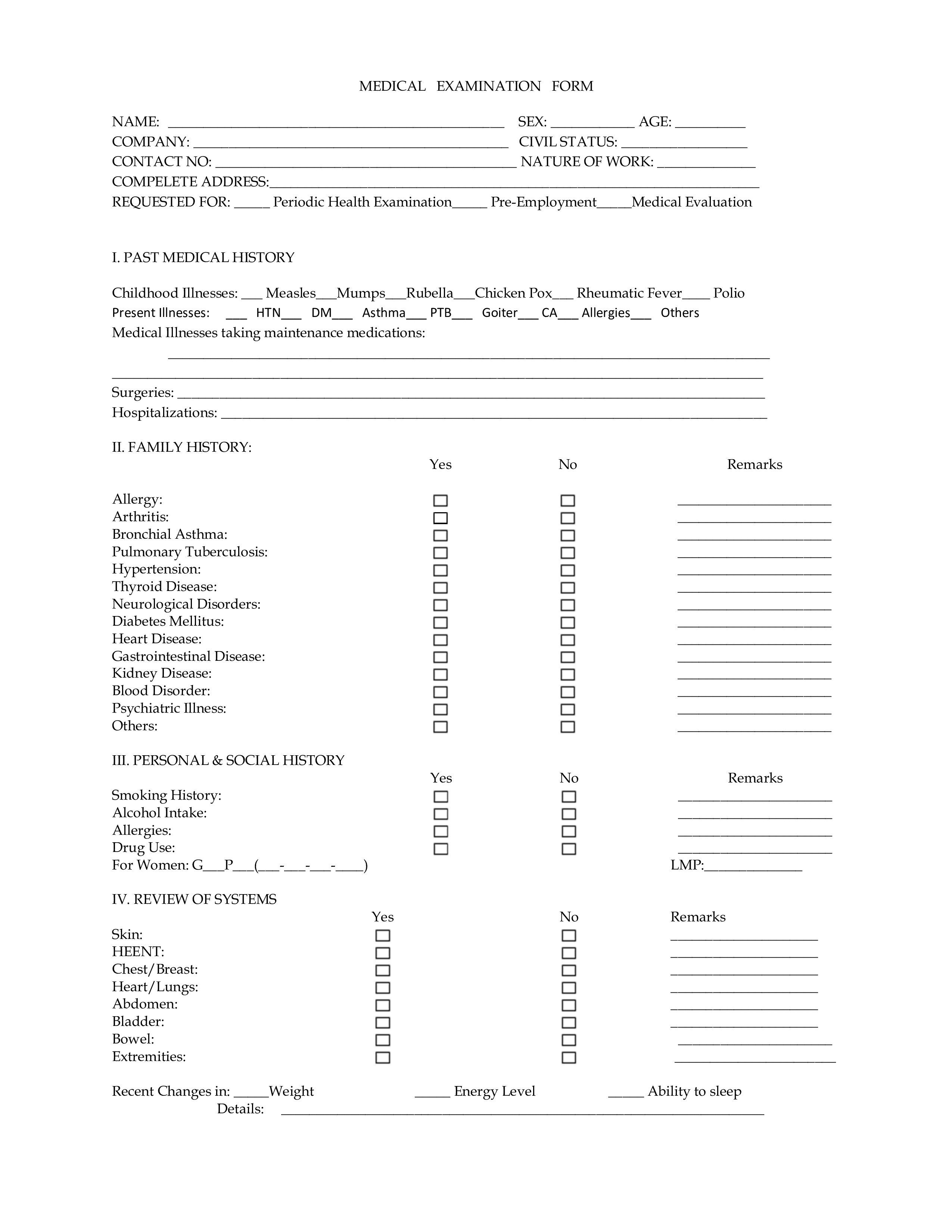 medical examination form modèles