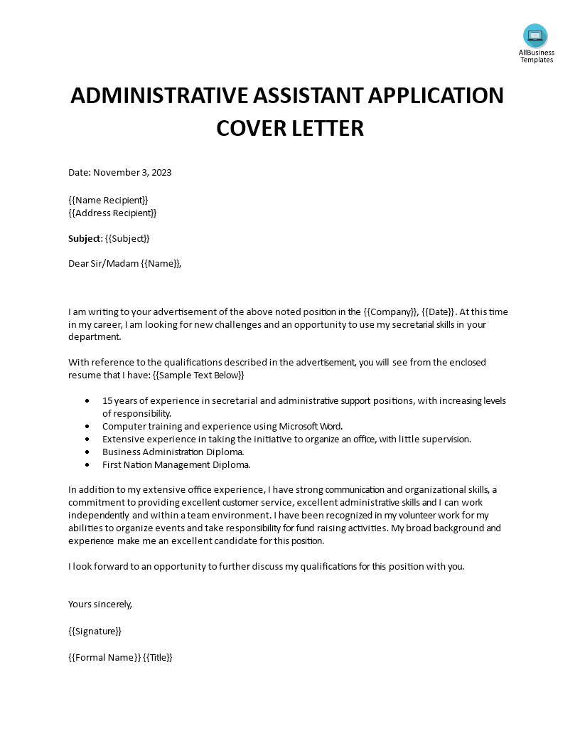 administrative assistant application cover letter Hauptschablonenbild