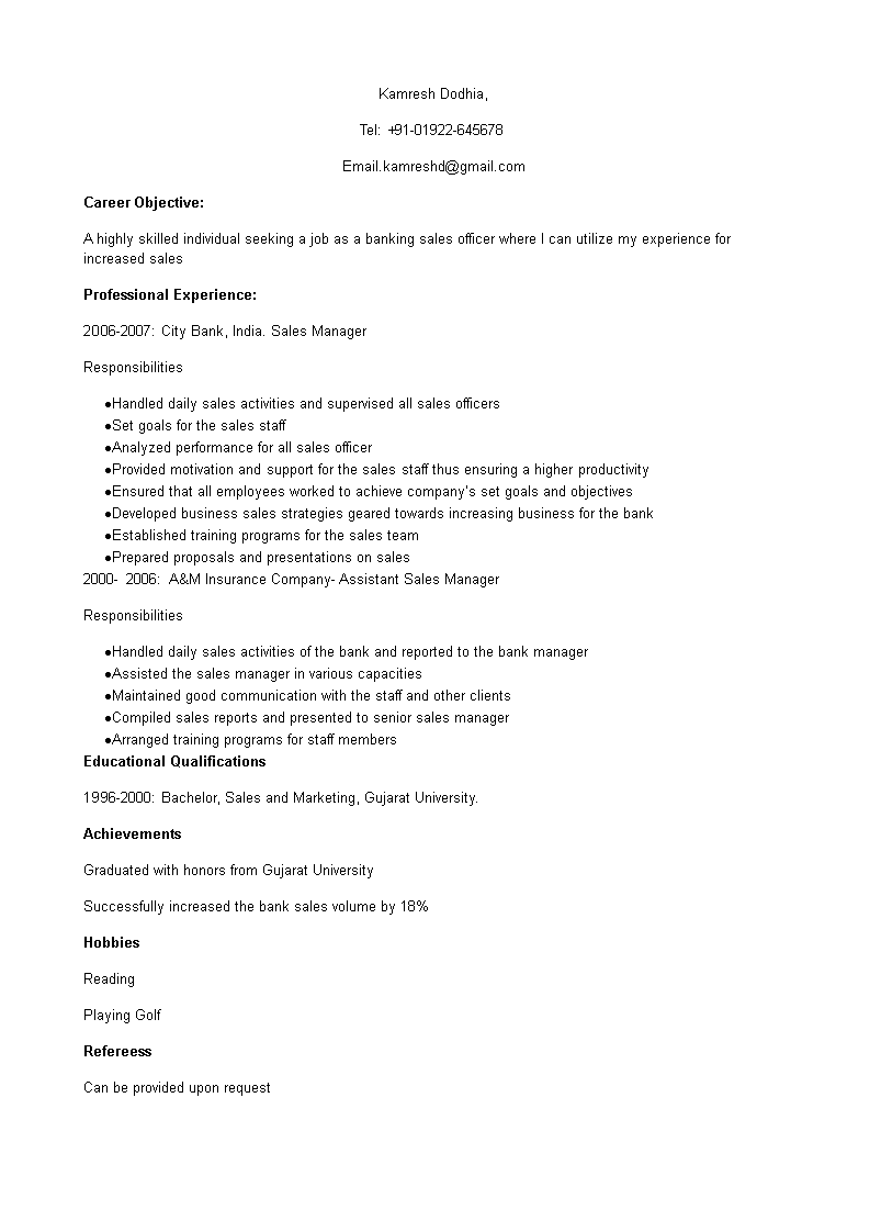 bank sales officer resume template