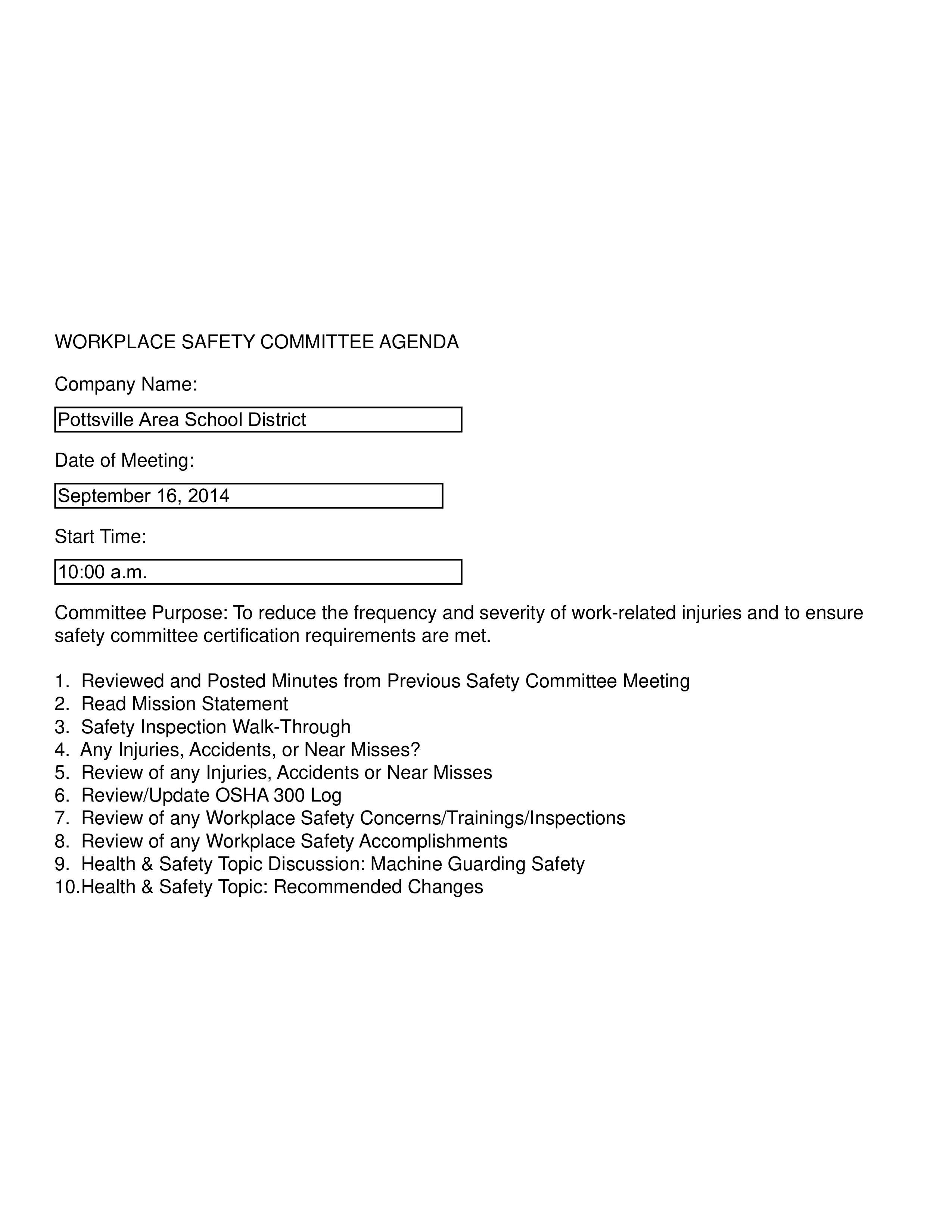 sample workplace safety meeting agenda template