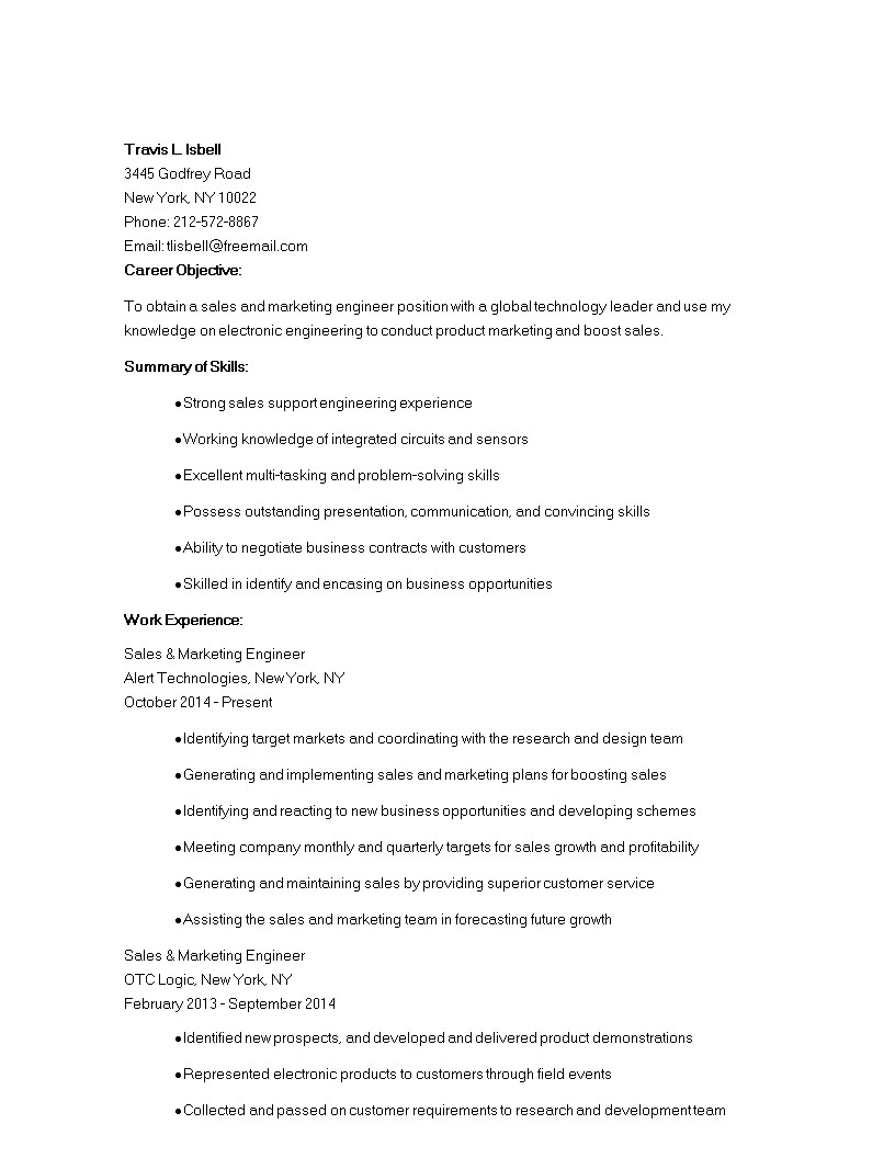 Sales And Marketing Engineer Curriculum Vitae 模板