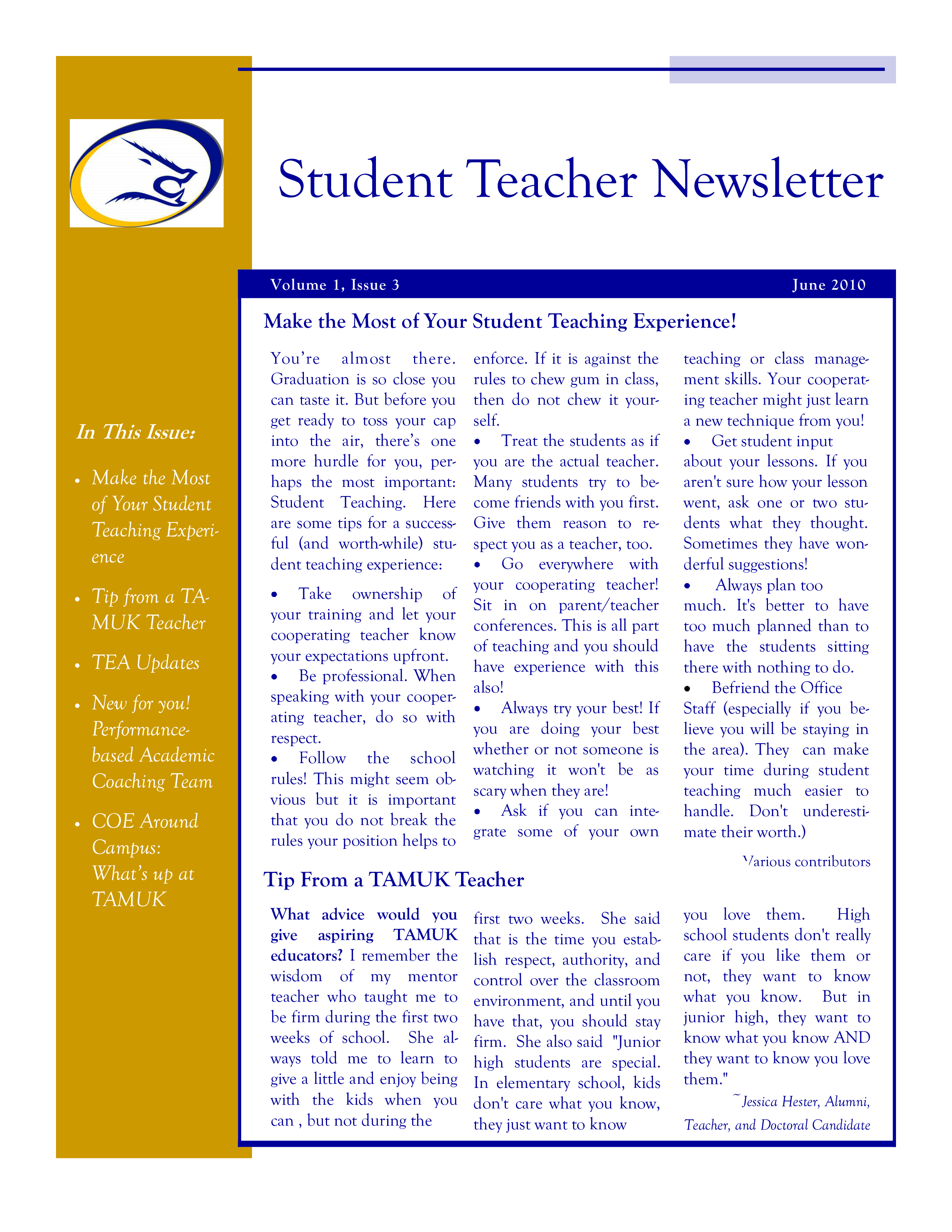 Student Teacher Newsletter Example 模板
