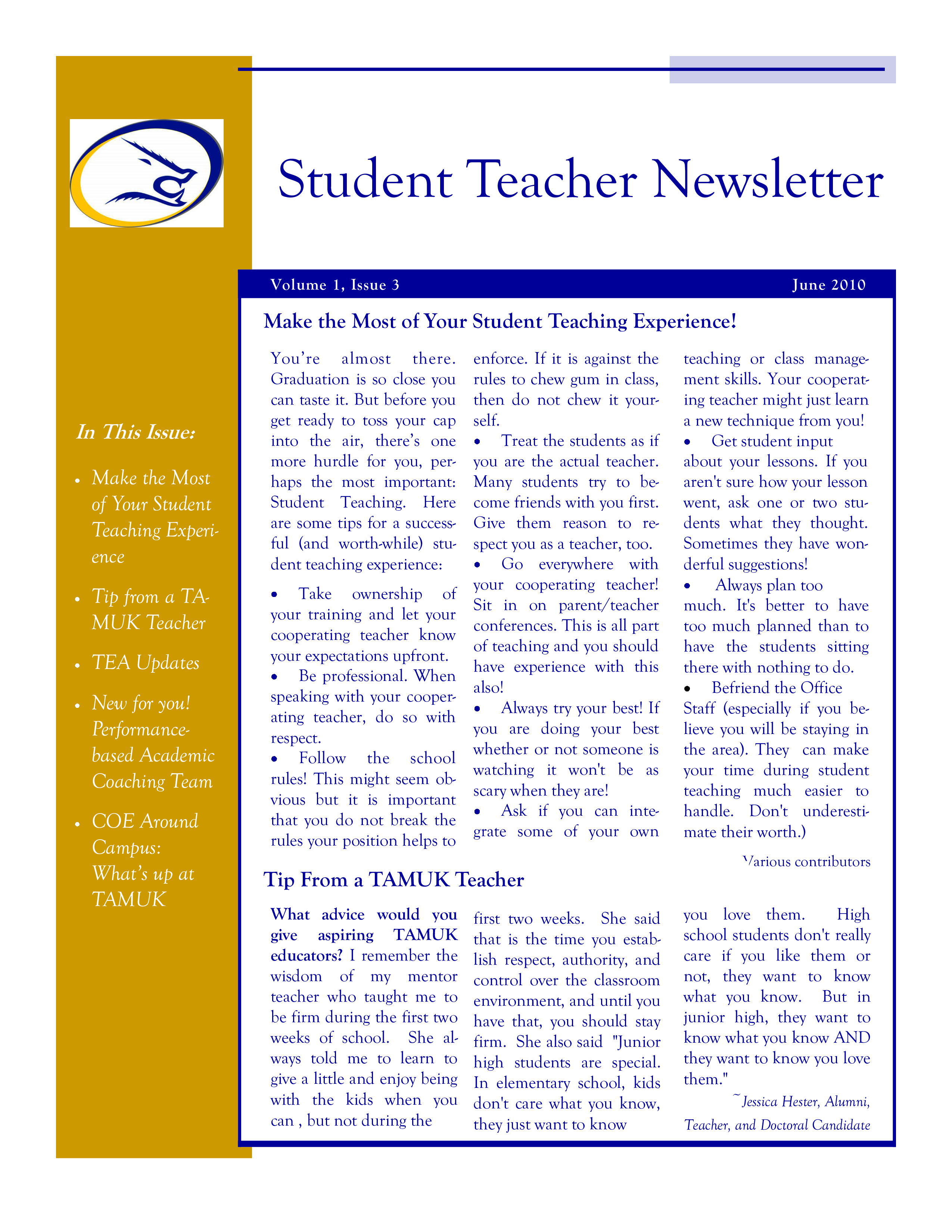 Student Teacher Newsletter Example 模板