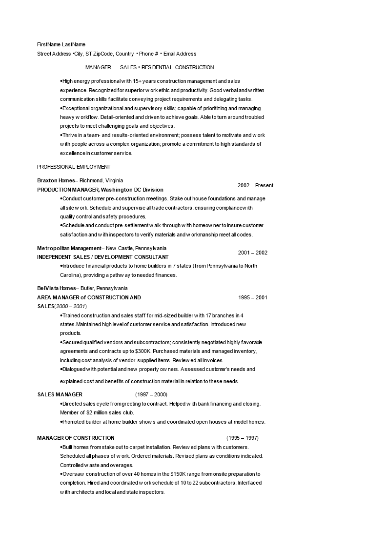 residential construction manager cv template