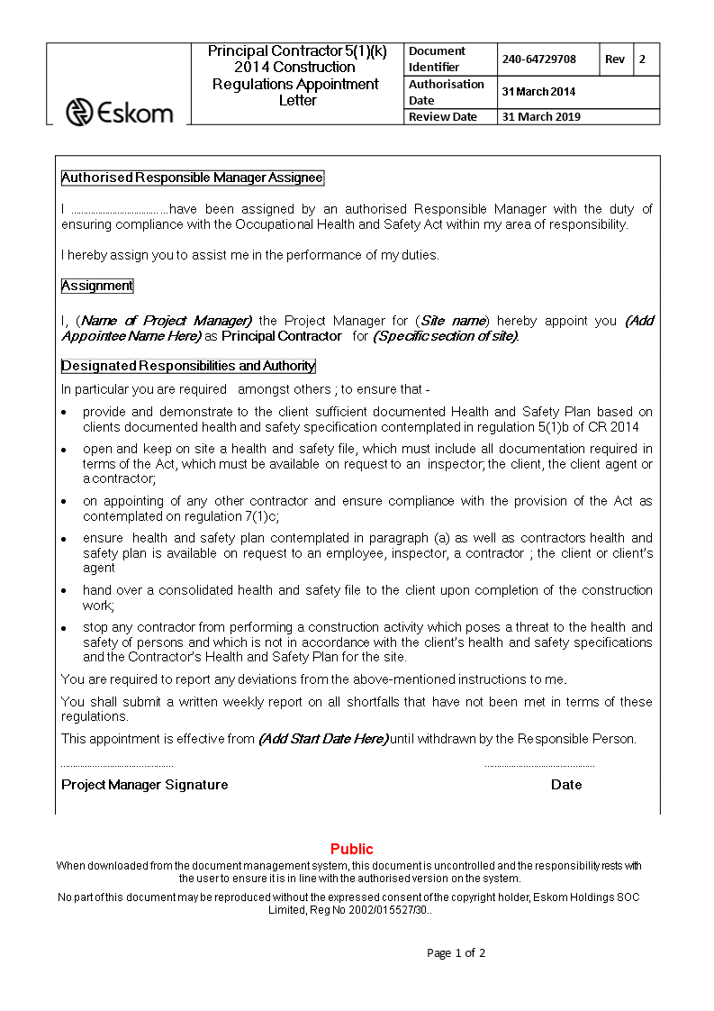 Principal Contractor Appointment Letter main image