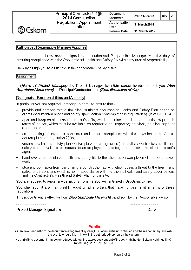 principal contractor appointment letter template