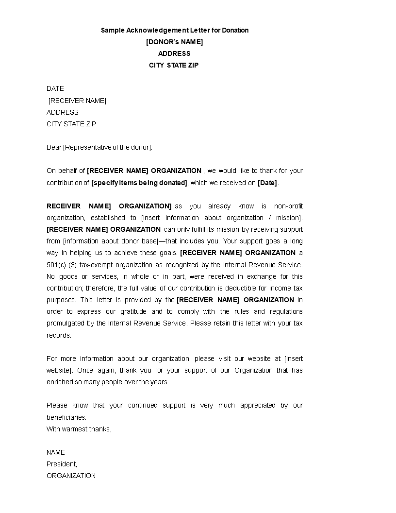 acknowledgement letter for donation template