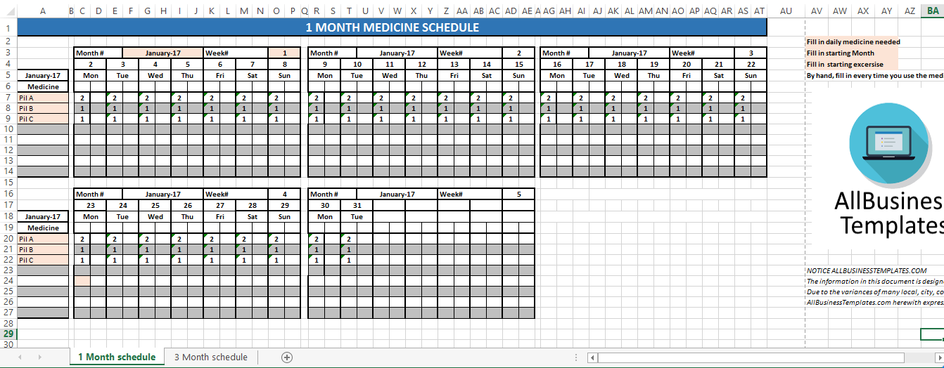 monthly medicine schedule template