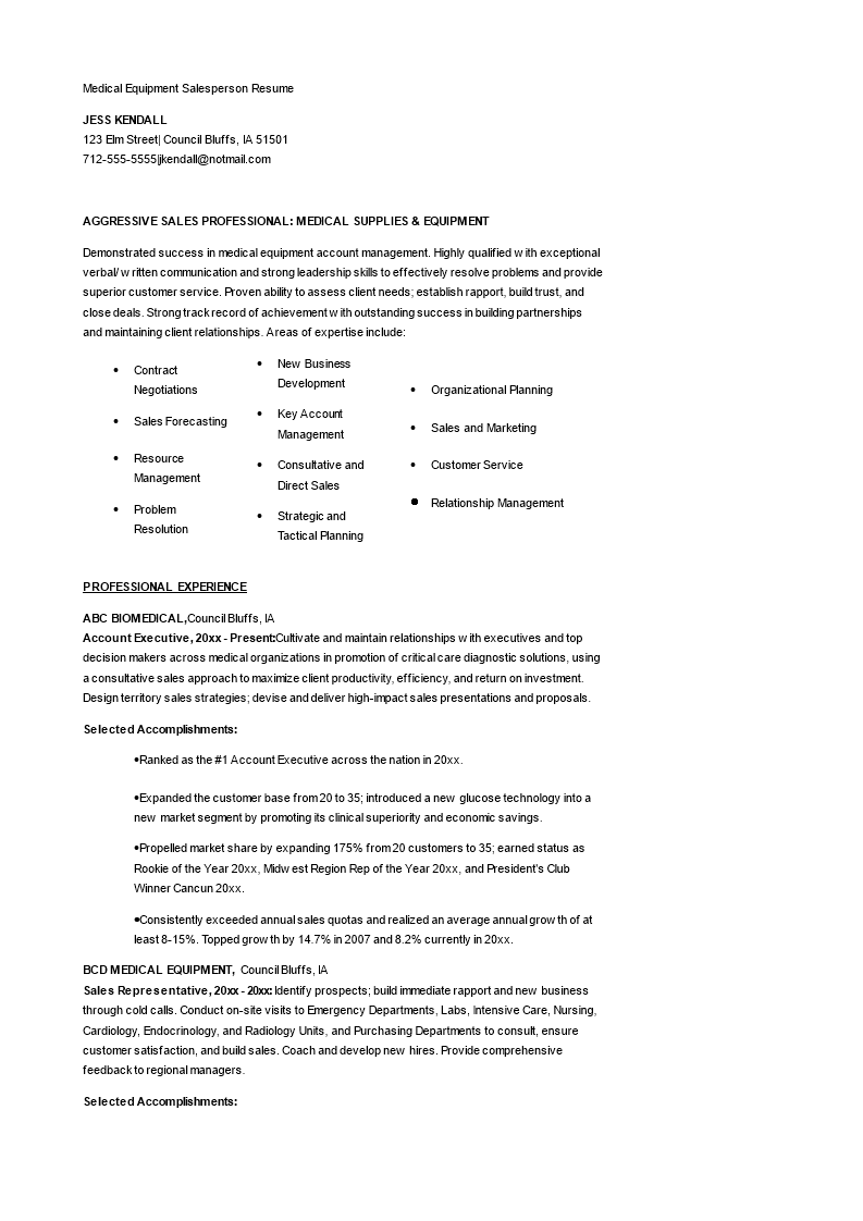 medical equipment salesperson resume Hauptschablonenbild