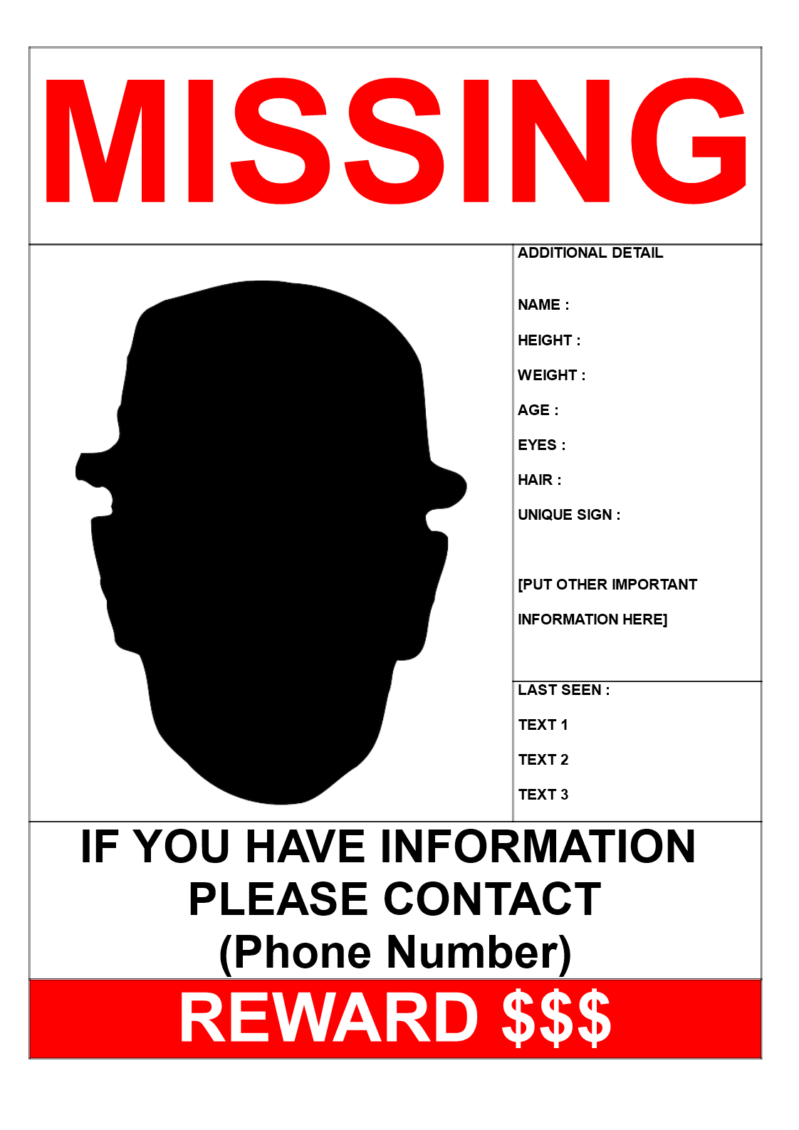 missing person template with reward a3 size voorbeeld afbeelding 