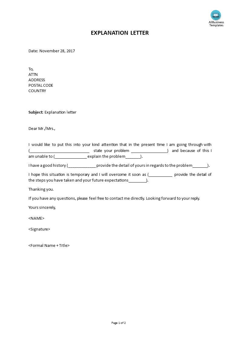 Kostenloses Explanation Letter Pertaining To Letter Of Explanation Template