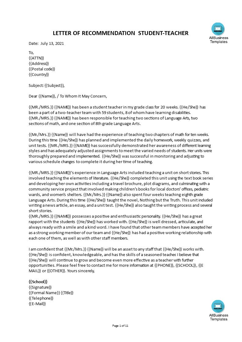 Letter Of Recommendation Template For Student From Teacher from www.allbusinesstemplates.com
