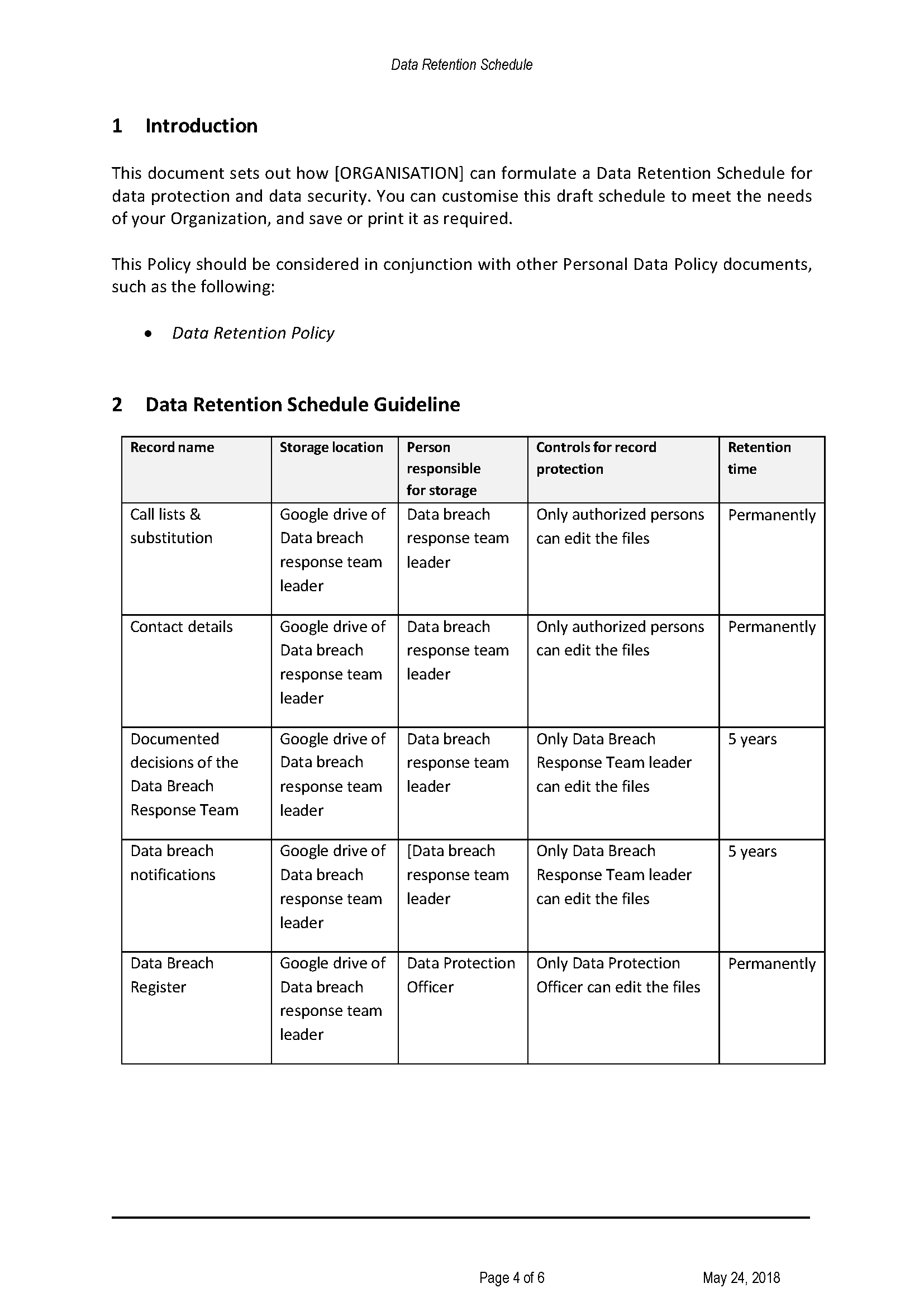 gdpr data retention schedule modèles