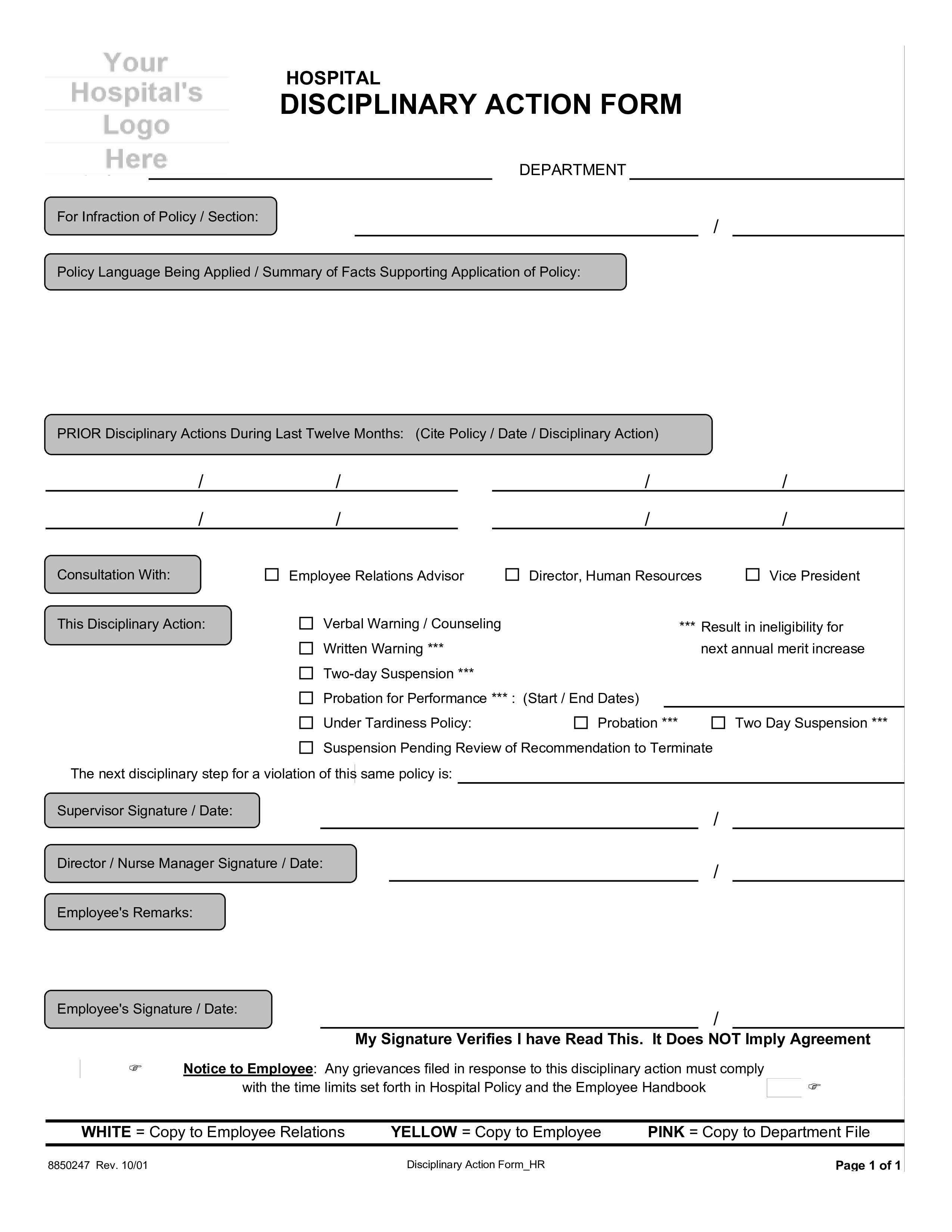 hospital disciplinary action form template