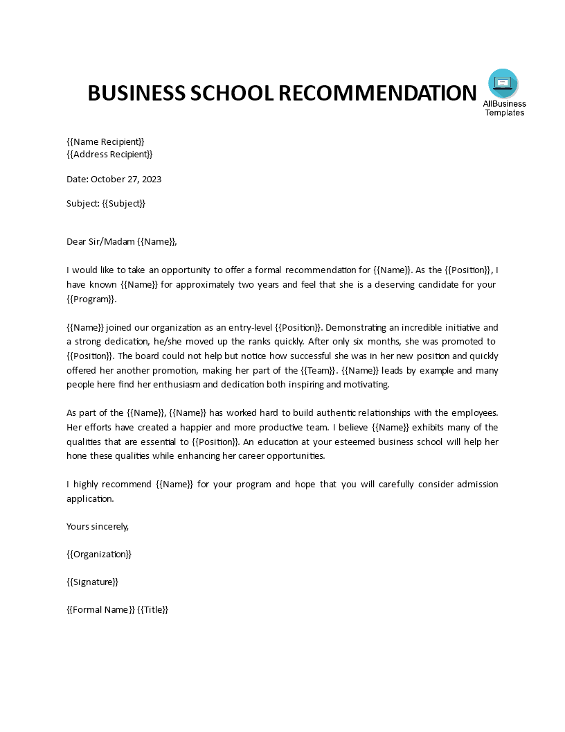 Business School Academic Recommendation Letter 模板