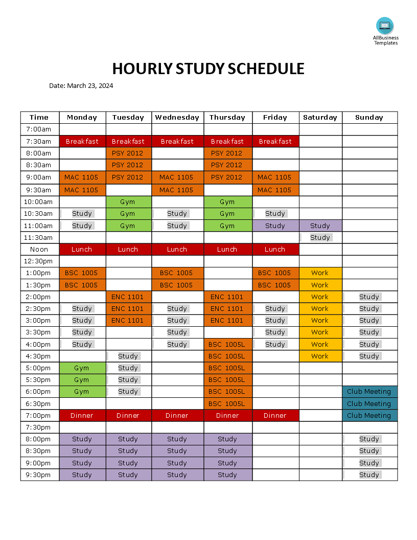 hourly study schedule template