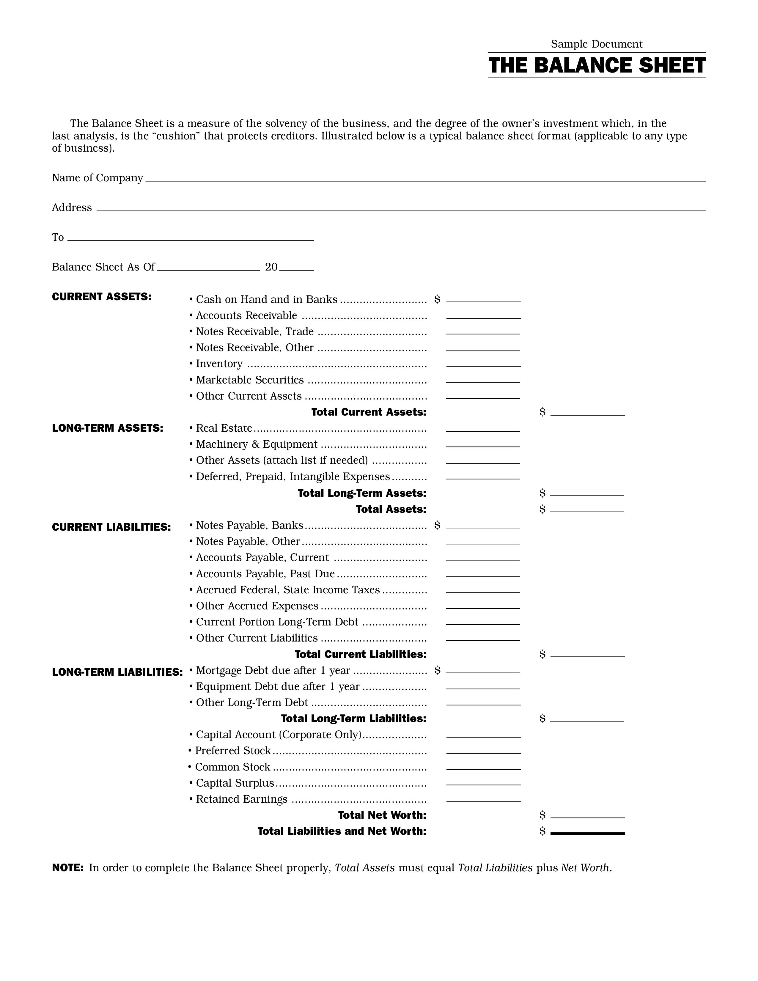 Blank Personal Balance Sheet 模板