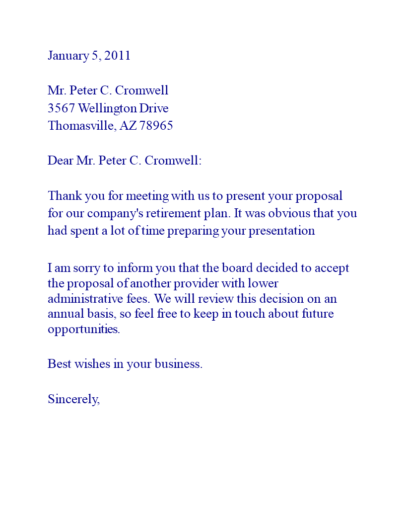 business plan rejection letter template