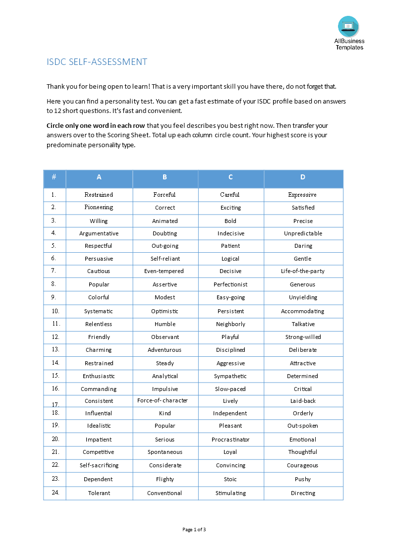 Personality Testing Self Assessment (ISDC) 模板