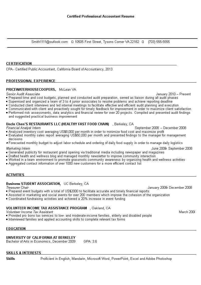 Certified Professional Accountant Resume main image