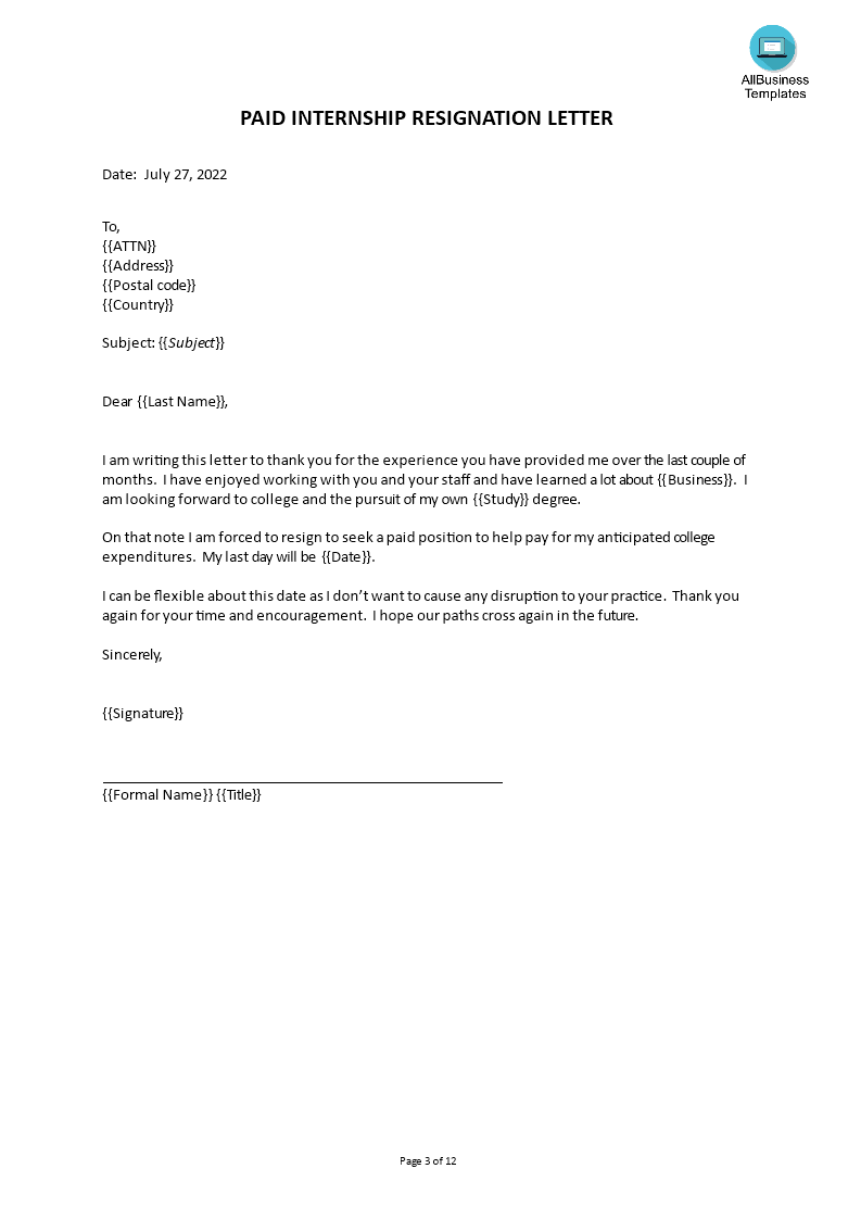 paid intern resignation letter sample template