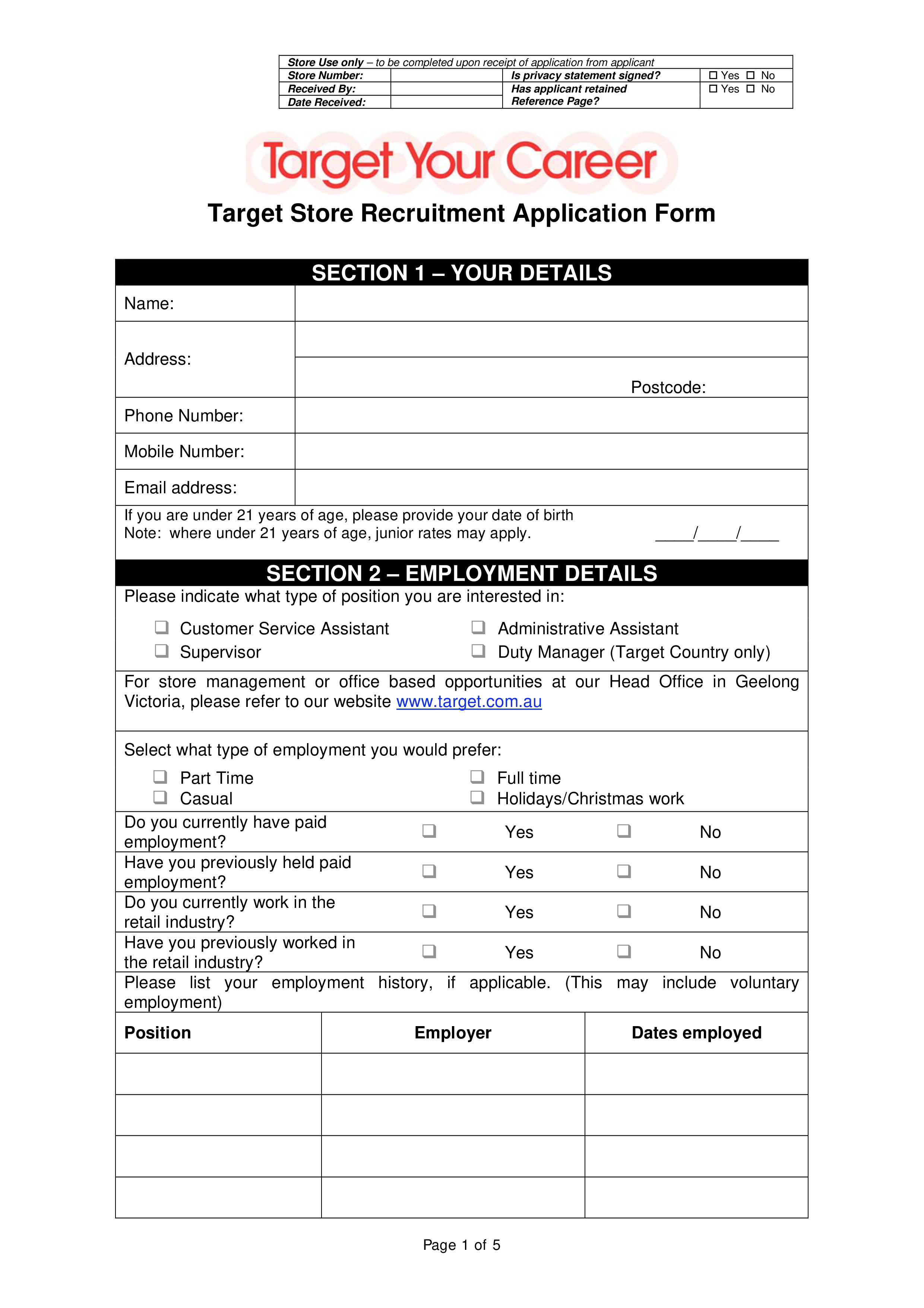 target store job application form template