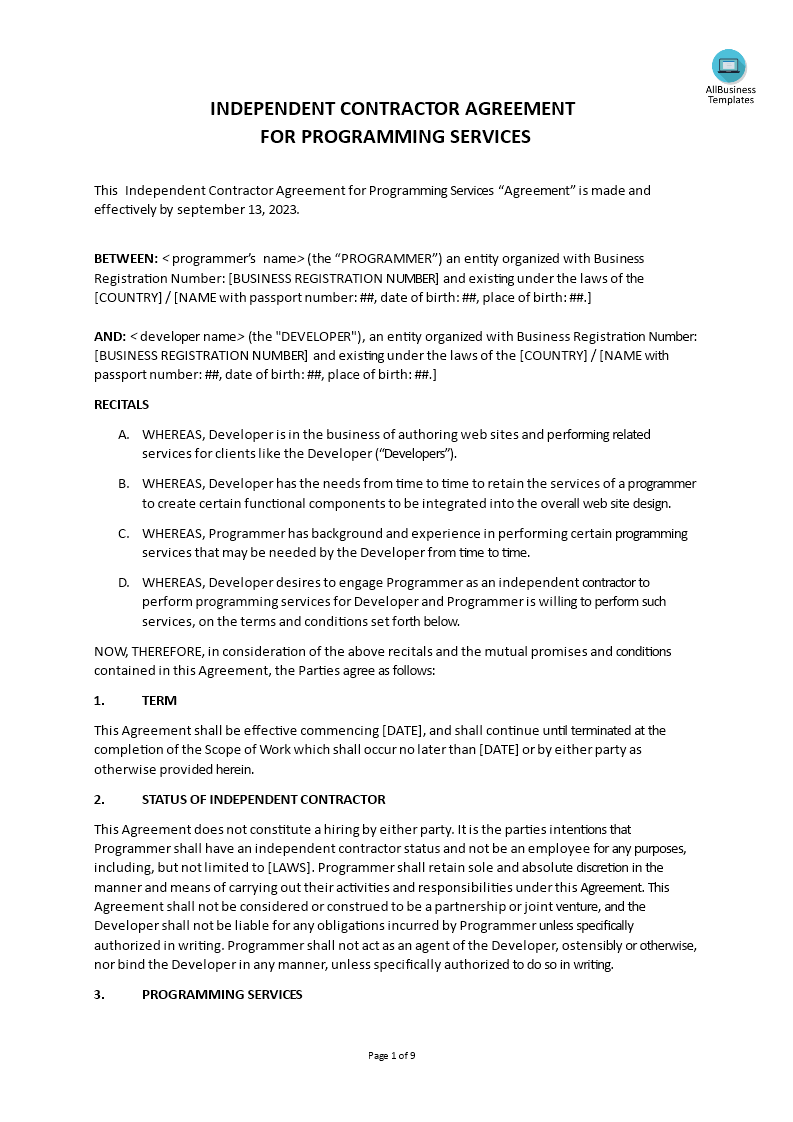 independent contractor agreement programming template