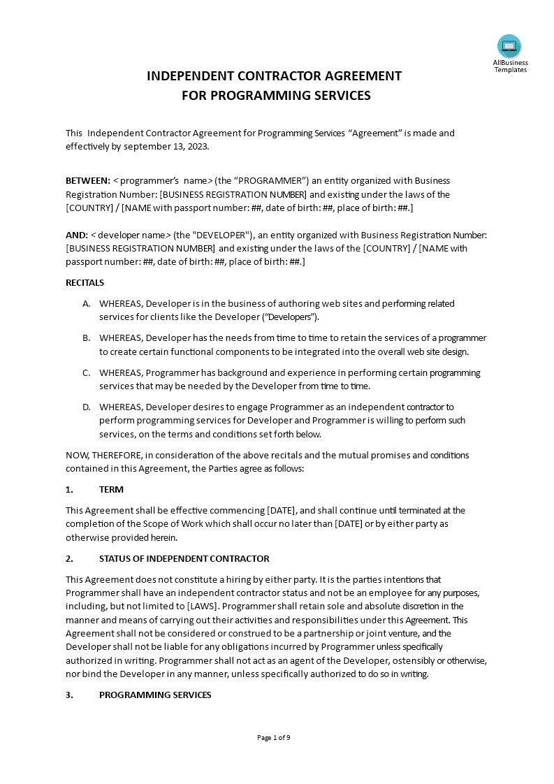 independent contractor agreement programming voorbeeld afbeelding 