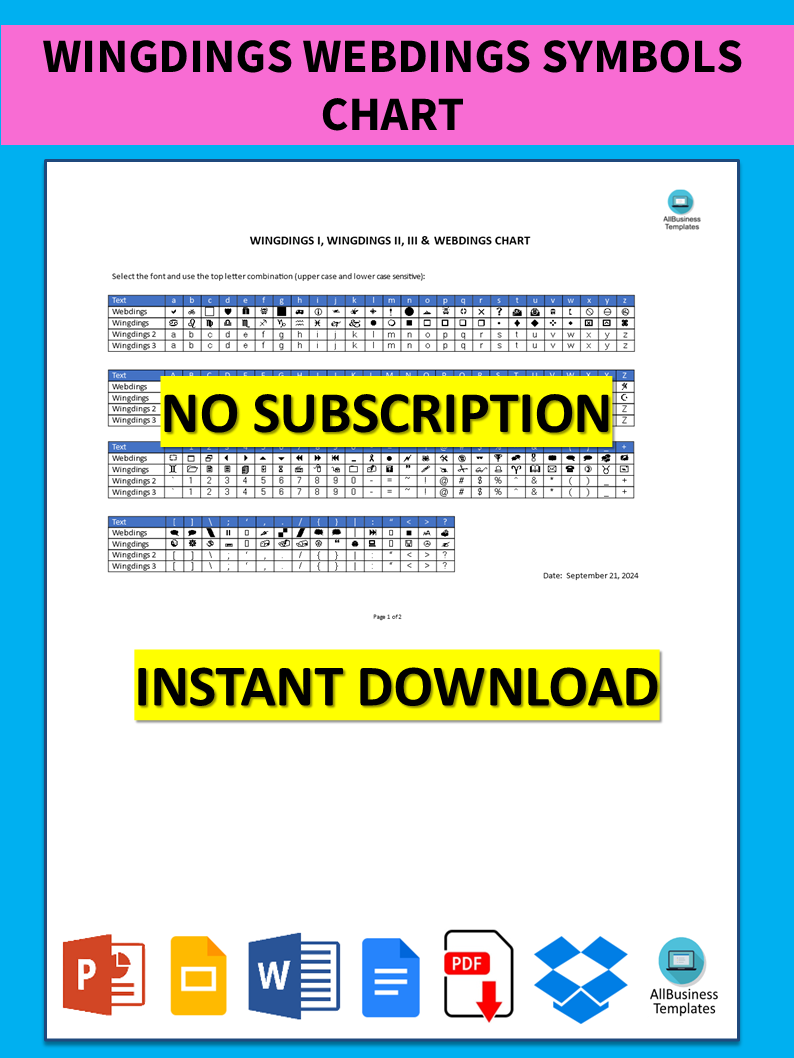 wingdings webdings symbols chart template