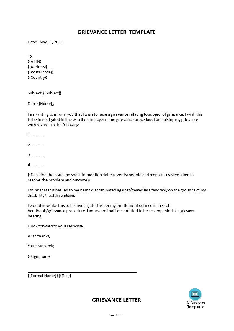 Formal Grievance Letter To Employer  Templates at